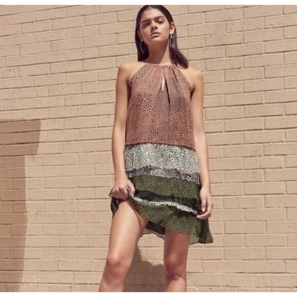 Ramy Brook Leomi Silk SZ L Animal Print Tiered Ruffle Lined Sleeveless Dress NEW